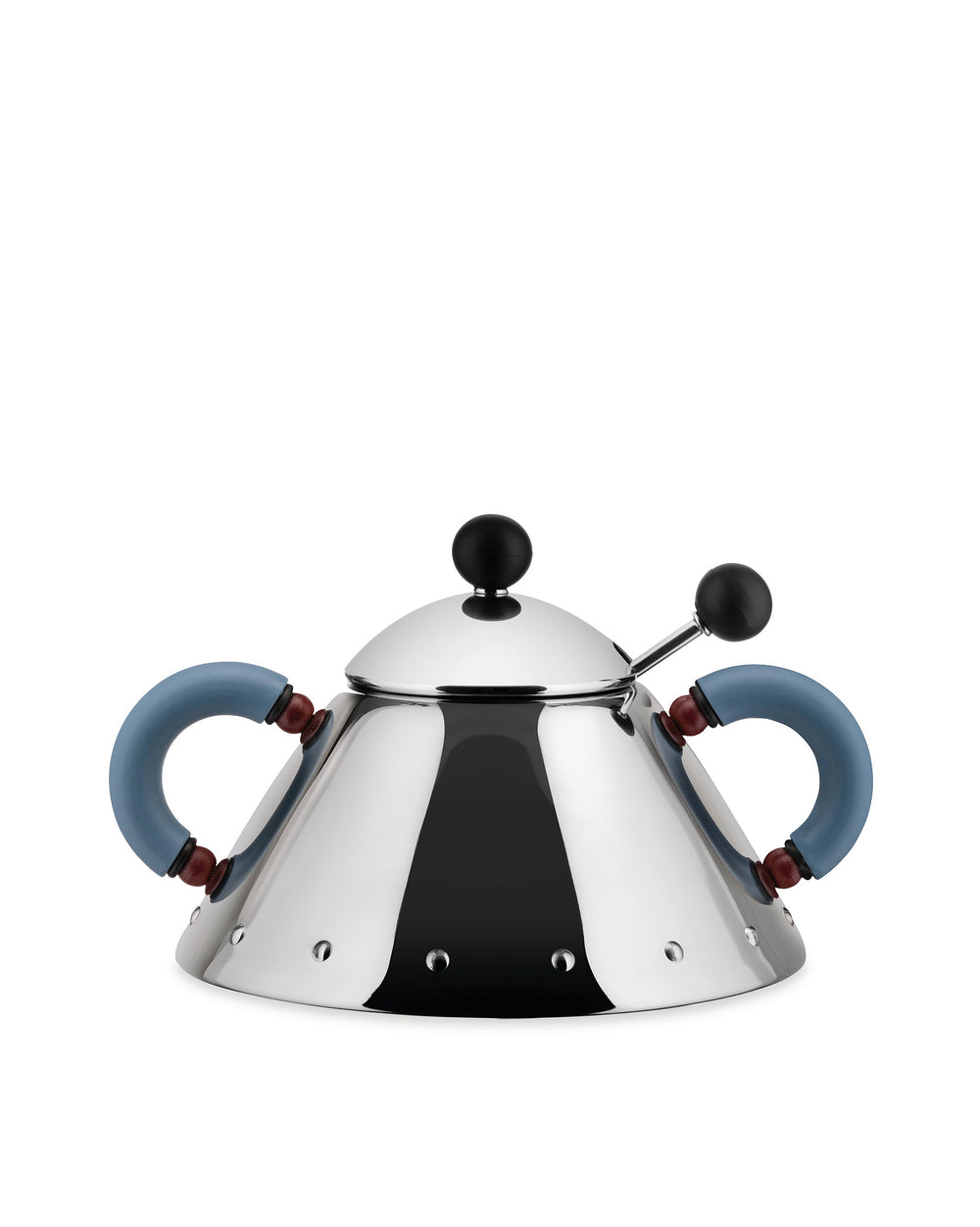 Polished stainless steel conical kettle by Alessi, featuring two blue handles and black spherical knobs.