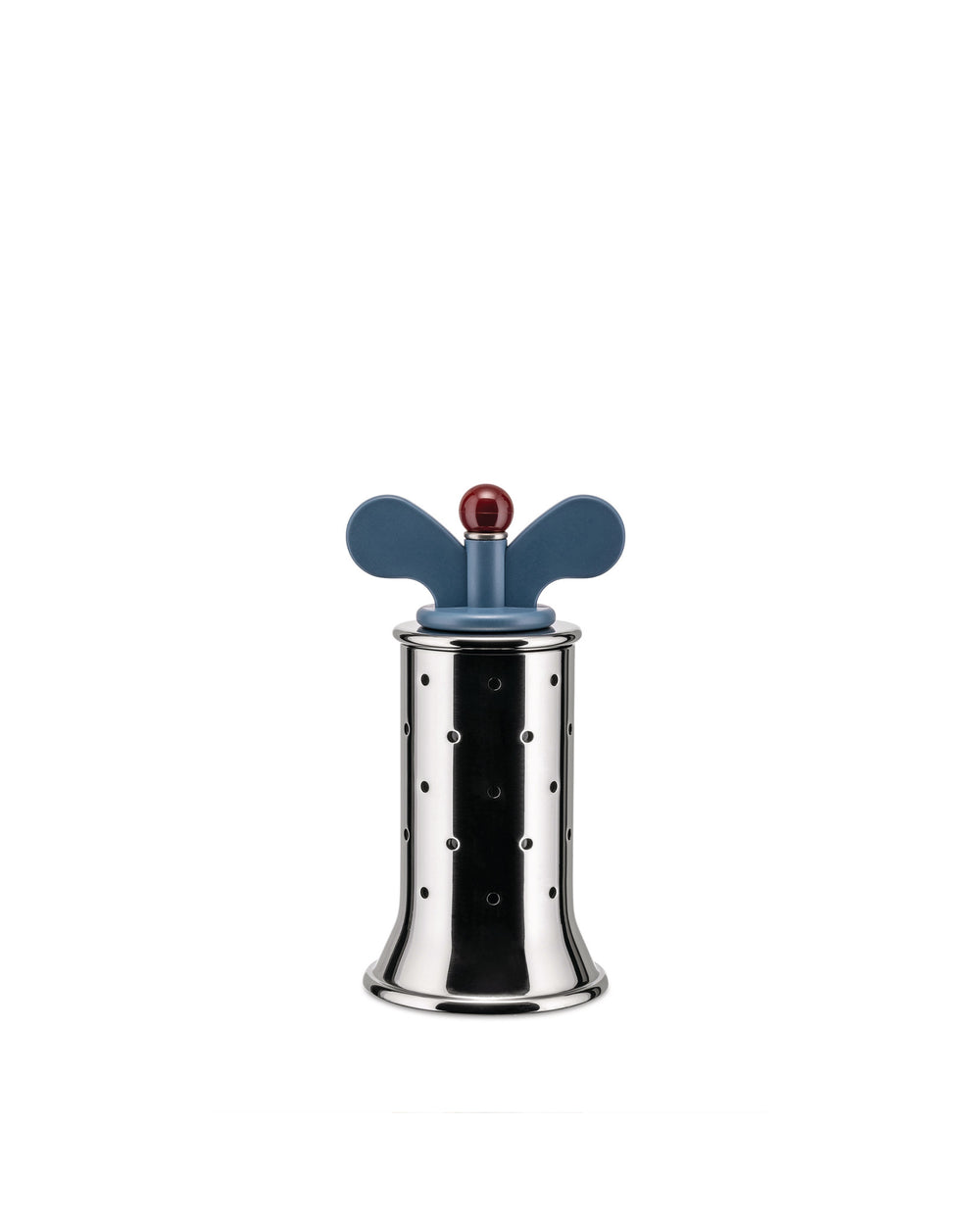 Polished stainless steel tea infuser by Alessi with a blue winged handle, red spherical top, and perforated cylindrical body.