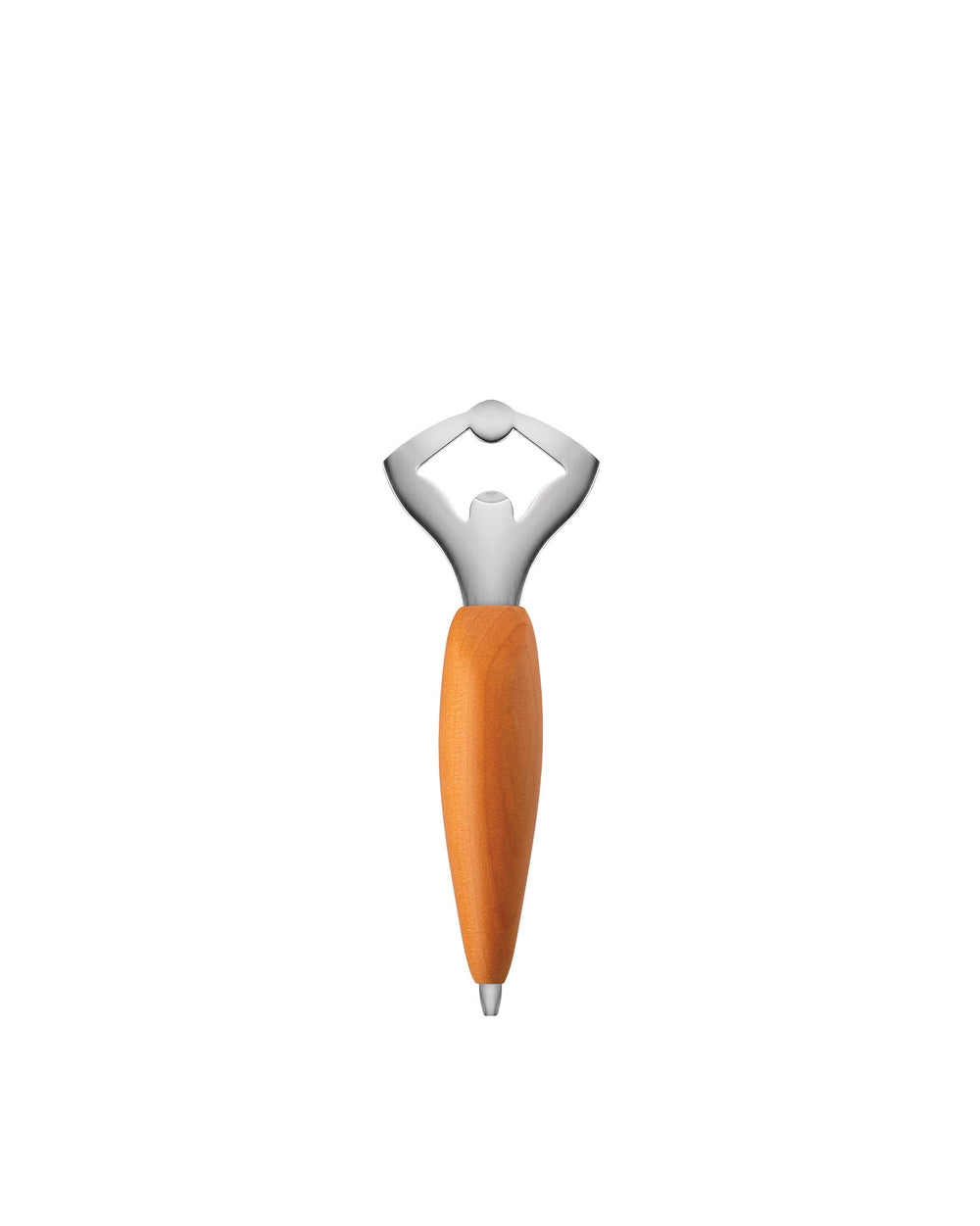 Silver metal and wooden bottle opener by Alessi, featuring a smooth, light brown handle.