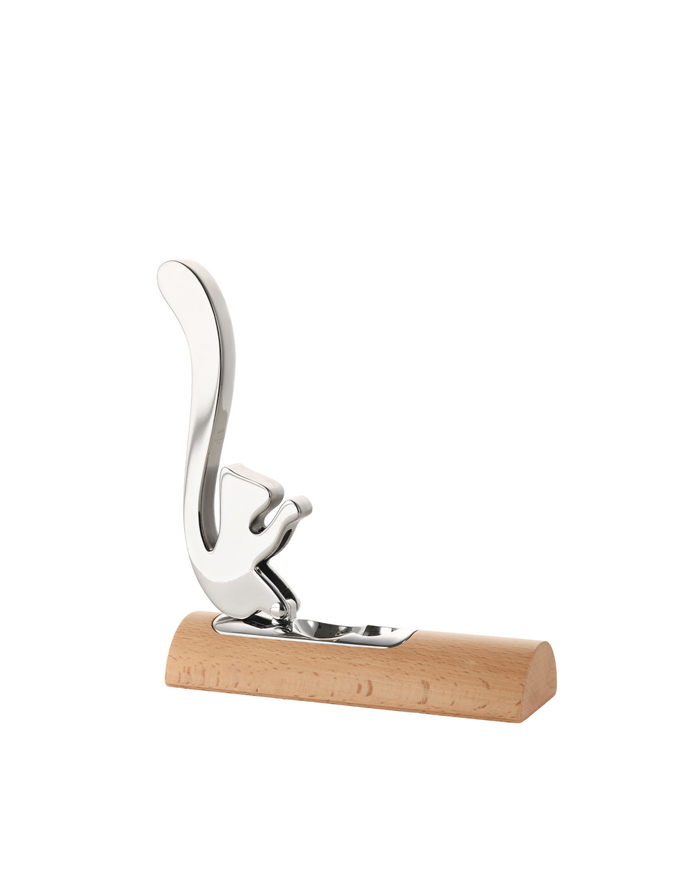 Chrome-plated squirrel-shaped nutcracker by Alessi with a light wood base, side view on white.