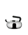 Silver stainless steel kettle by Alessi with a black handle, whistle spout, and rounded body.