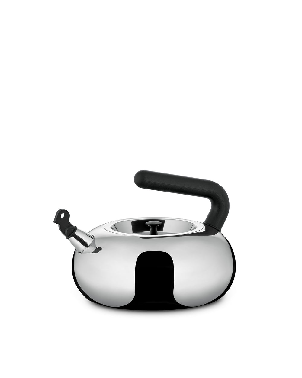 Silver stainless steel kettle by Alessi with a black handle, whistle spout, and rounded body.