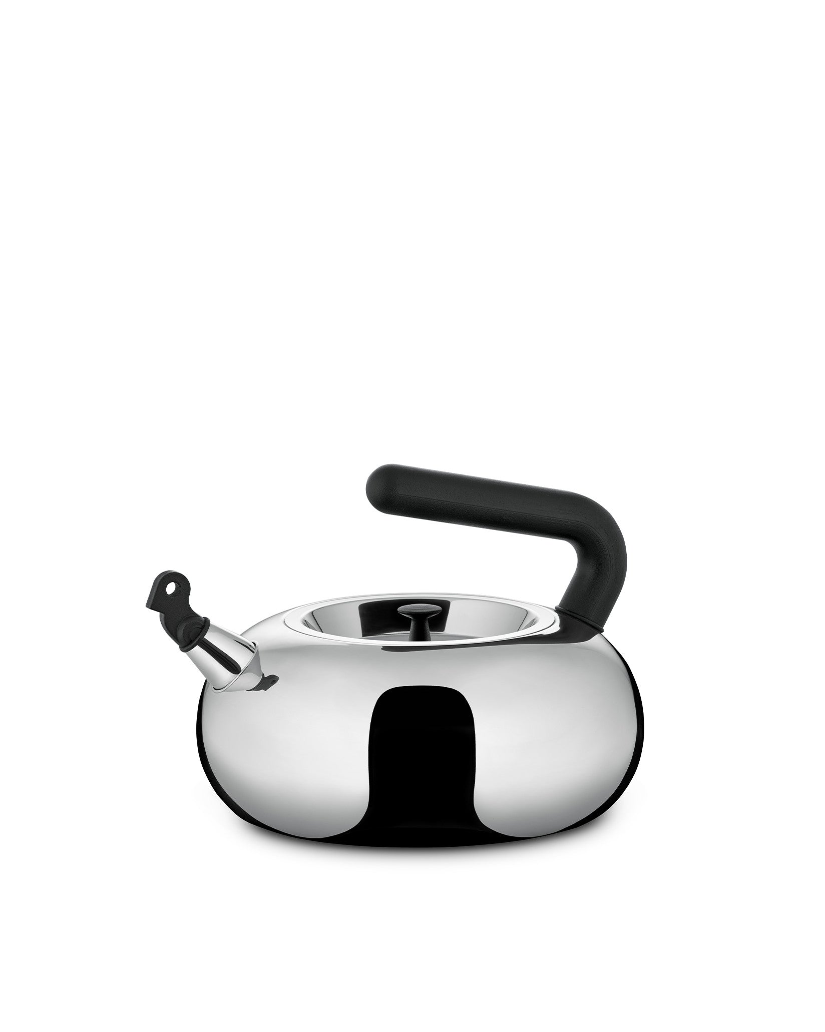 Silver stainless steel kettle by Alessi with a black handle, whistle spout, and rounded body.