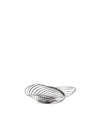 Silver metal fruit bowl by Alessi, composed of abstract, wavy intersecting lines.