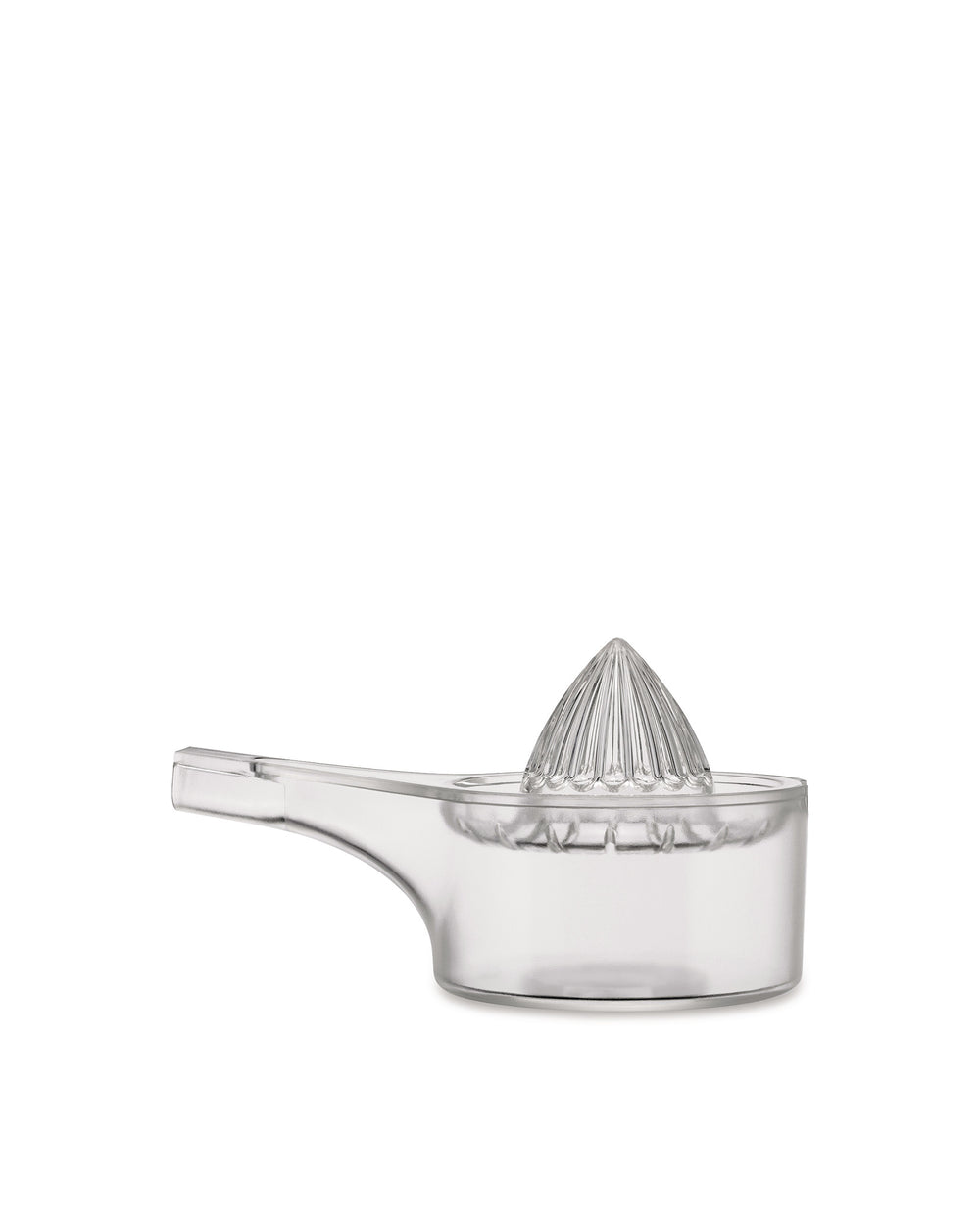 Clear plastic citrus squeezer by Alessi with a ridged conical reamer and handle, shown in a side view.