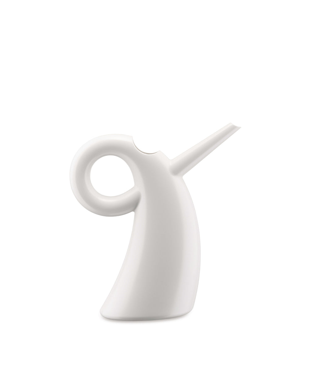 White watering can by Alessi with a unique looped handle and slender spout, in a modern sculptural design.