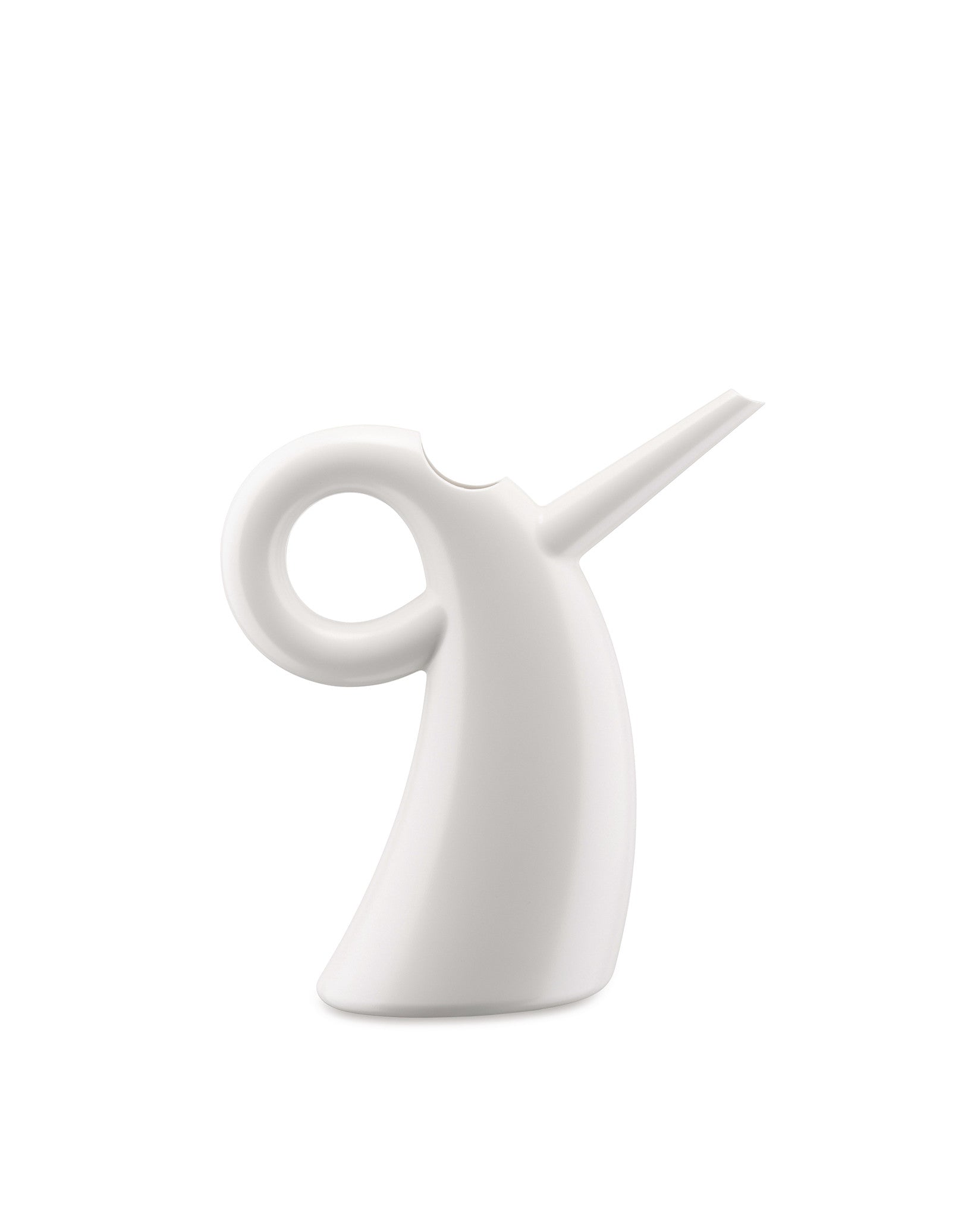 White watering can by Alessi with a unique looped handle and slender spout, in a modern sculptural design.
