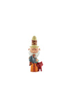 A colorful decorative figurine depicting a man playing a wind instrument by Alessi, with a white beard, striped hat, and a red cat.