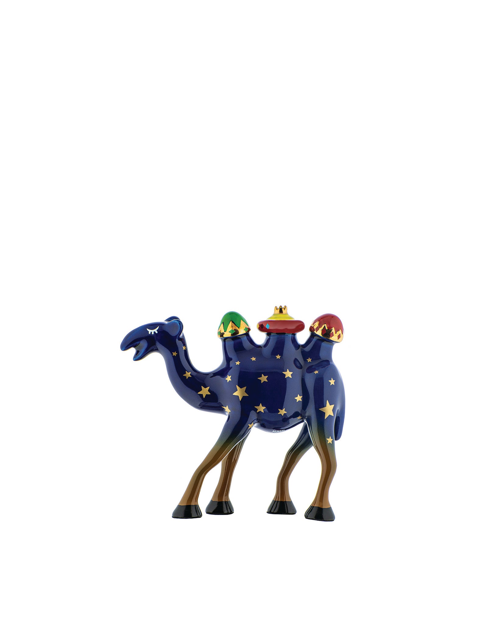 Dark blue camel figurine by Alessi, decorated with gold stars, closed eyes, and three colorful adornments on its humps.