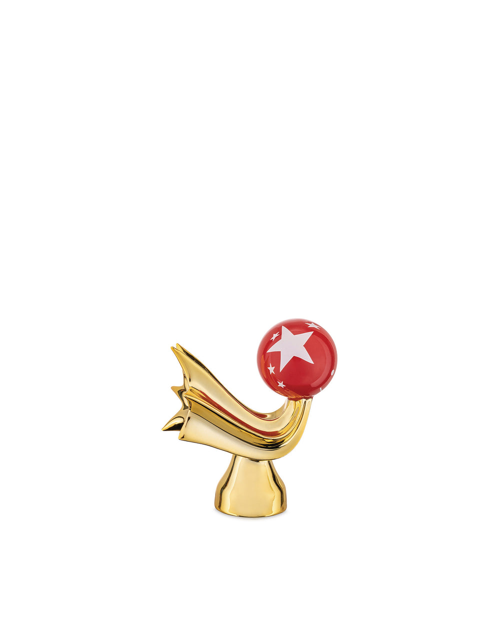 Gold decorative ornament by Alessi, featuring a glossy red ball with white stars.