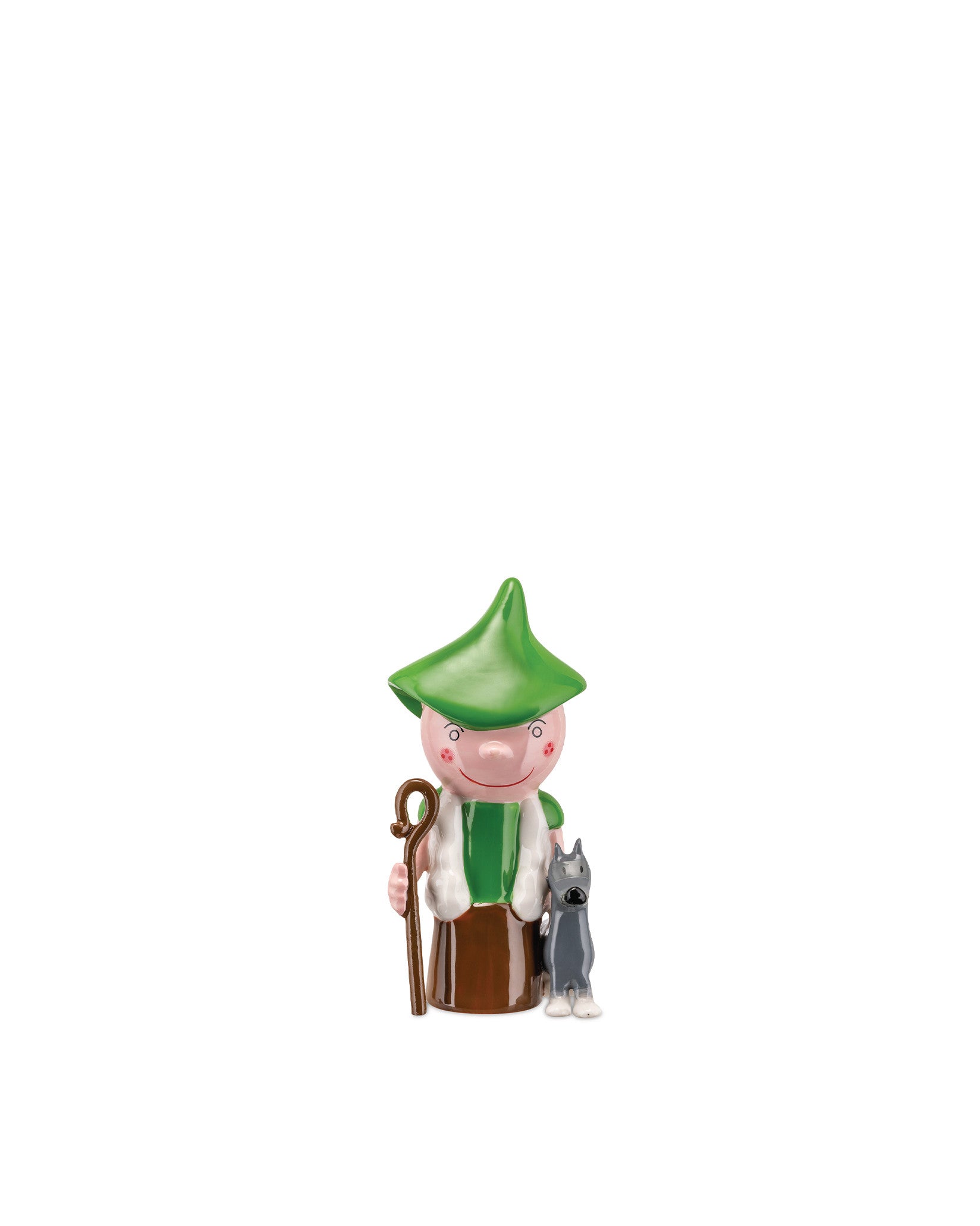 Green-hatted shepherd boy figurine by Alessi, holding a staff with a small grey dog.