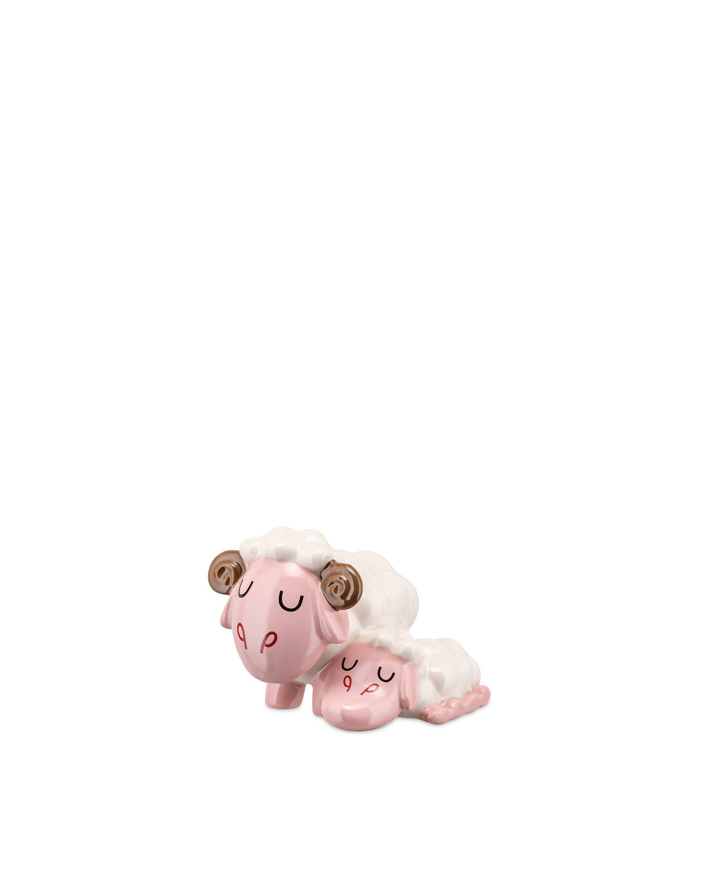 Pink and white sheep figurine by Alessi, featuring a standing ram with curly horns and a smaller lamb lying down.