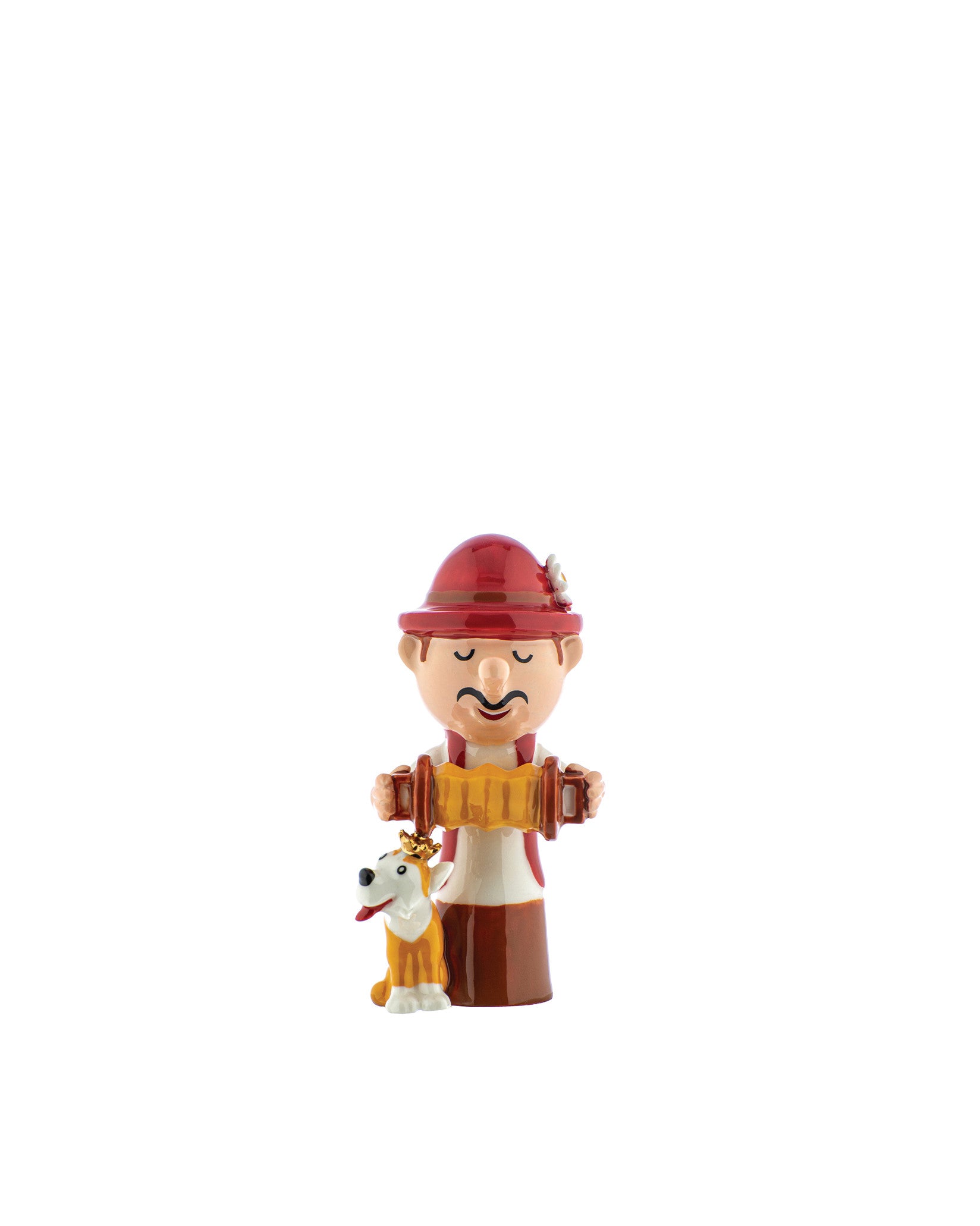 Decorative figurine of a man in a red hat playing an accordion by Alessi, with a small dog wearing a gold crown.