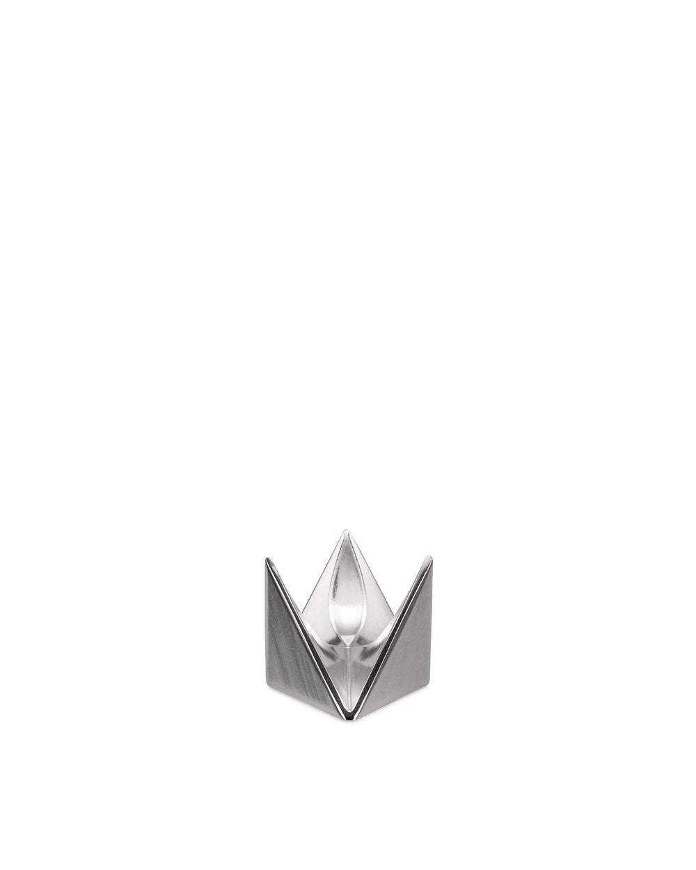 Silver geometric egg cup by Alessi featuring a faceted design and clear central holder.