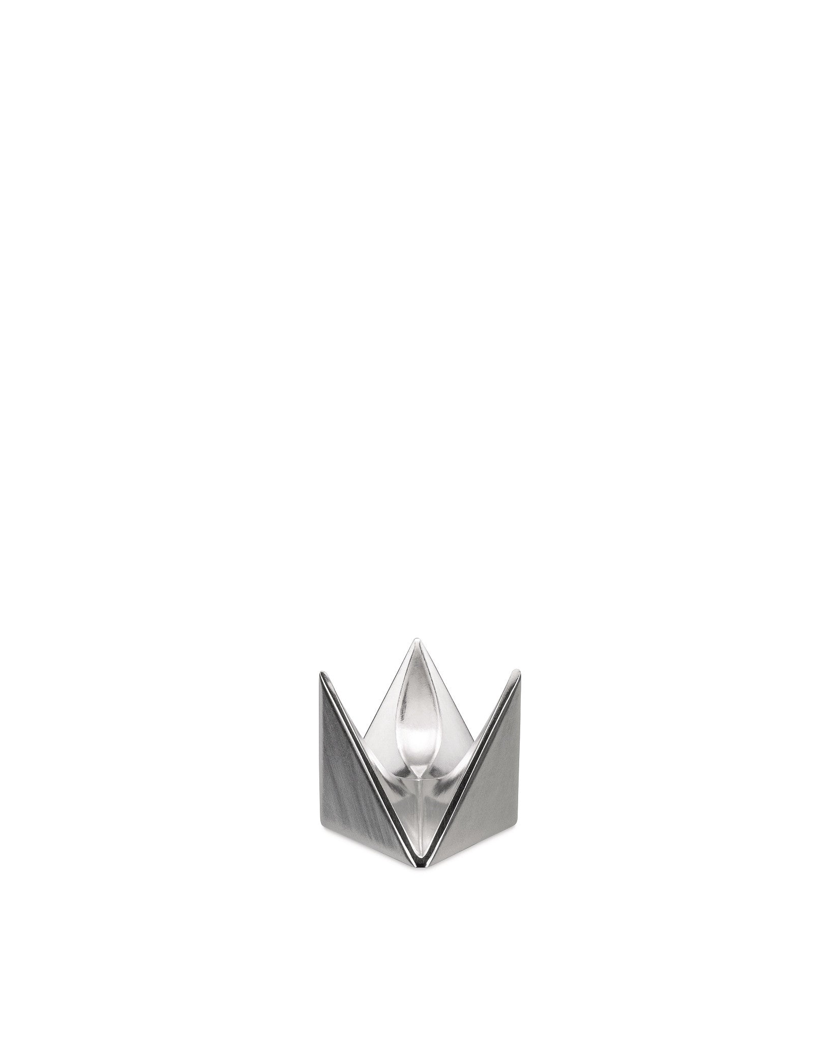 Silver geometric egg cup by Alessi featuring a faceted design and clear central holder.