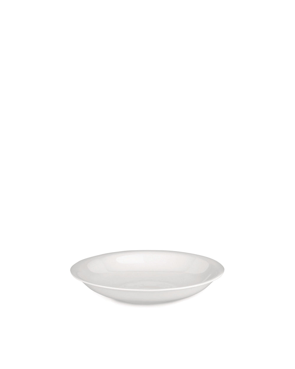 White porcelain pasta bowl by Alessi, with a wide, slightly curved rim, angled to the front.