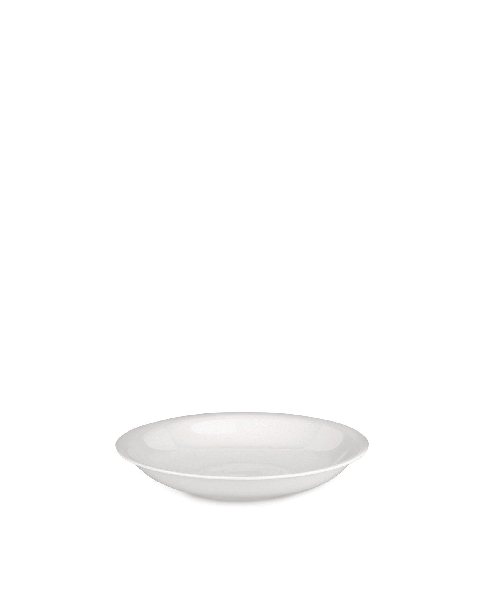 White porcelain pasta bowl by Alessi, with a wide, slightly curved rim, angled to the front.