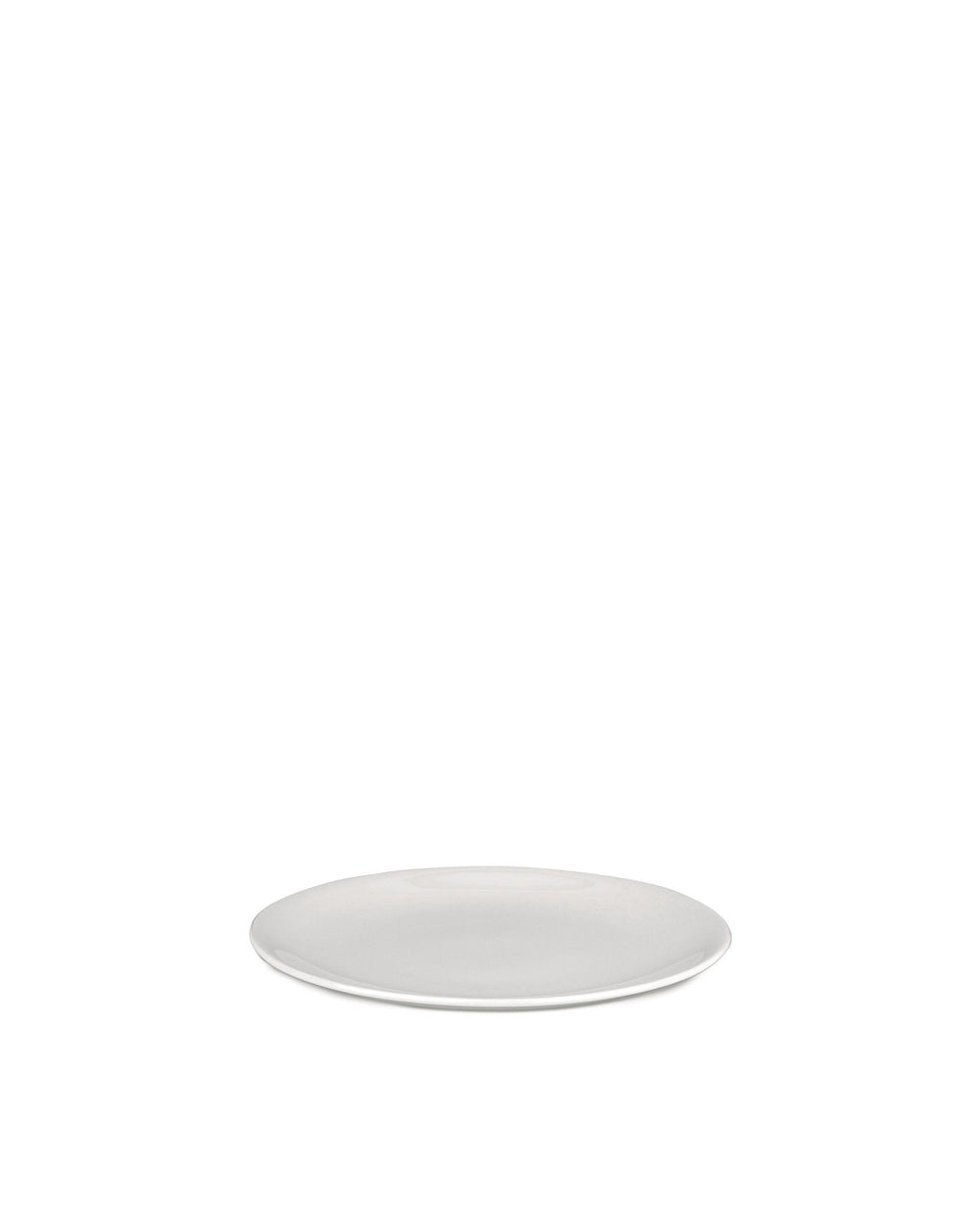 White round plate by Alessi, presented from a low angle.