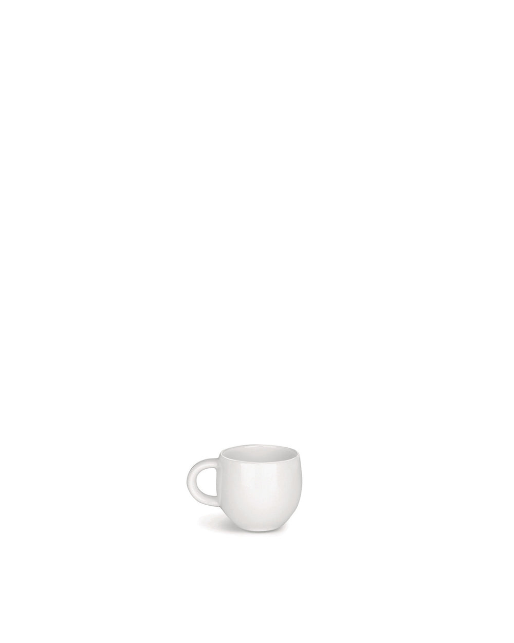 Small white rounded cup by Alessi with a simple handle.