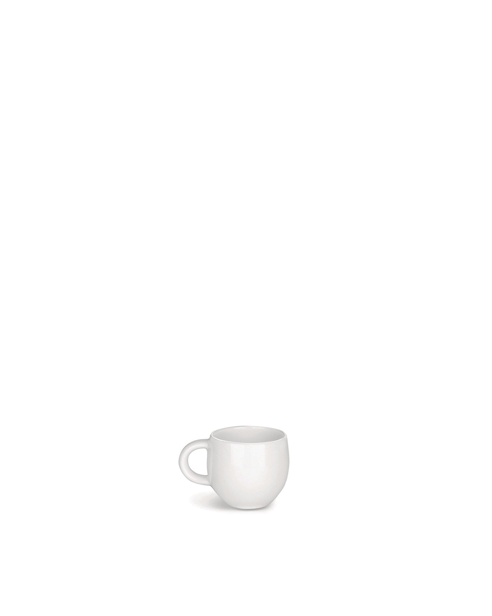 Small white rounded cup by Alessi with a simple handle.