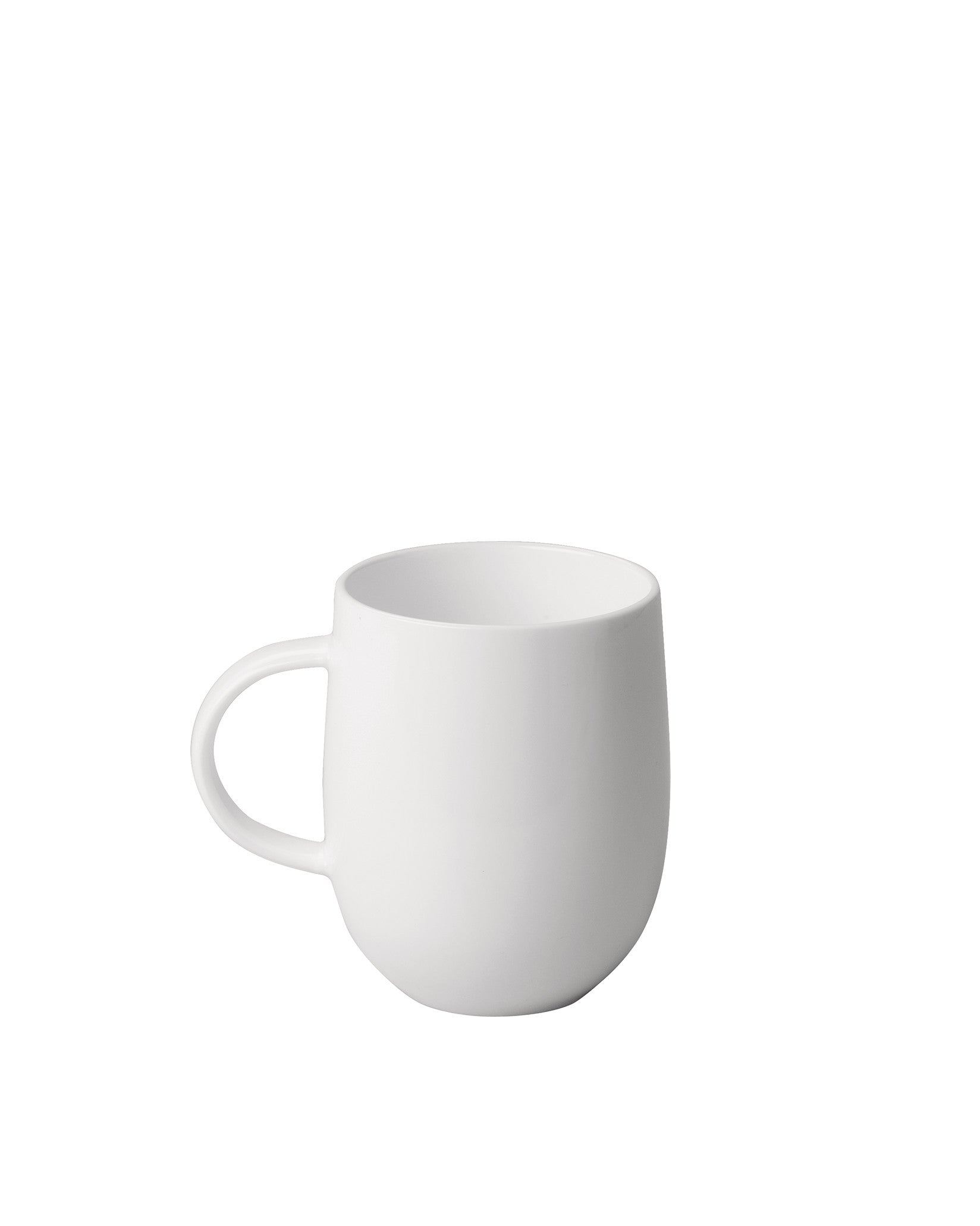 White matte mug by Alessi with a rounded, bulbous body and a simple handle, shown from a side view.