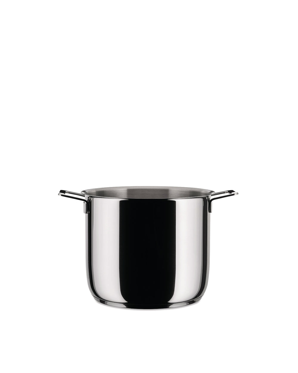 Stainless steel pot by Alessi with two small loop handles and a polished, reflective finish, on a white background.