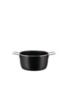 Black casserole with a silver rim by Alessi, featuring two silver loop handles on a white background.