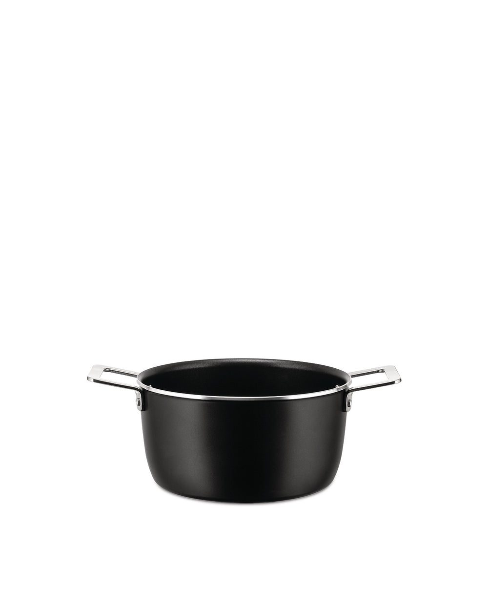 Black casserole with a silver rim by Alessi, featuring two silver loop handles on a white background.
