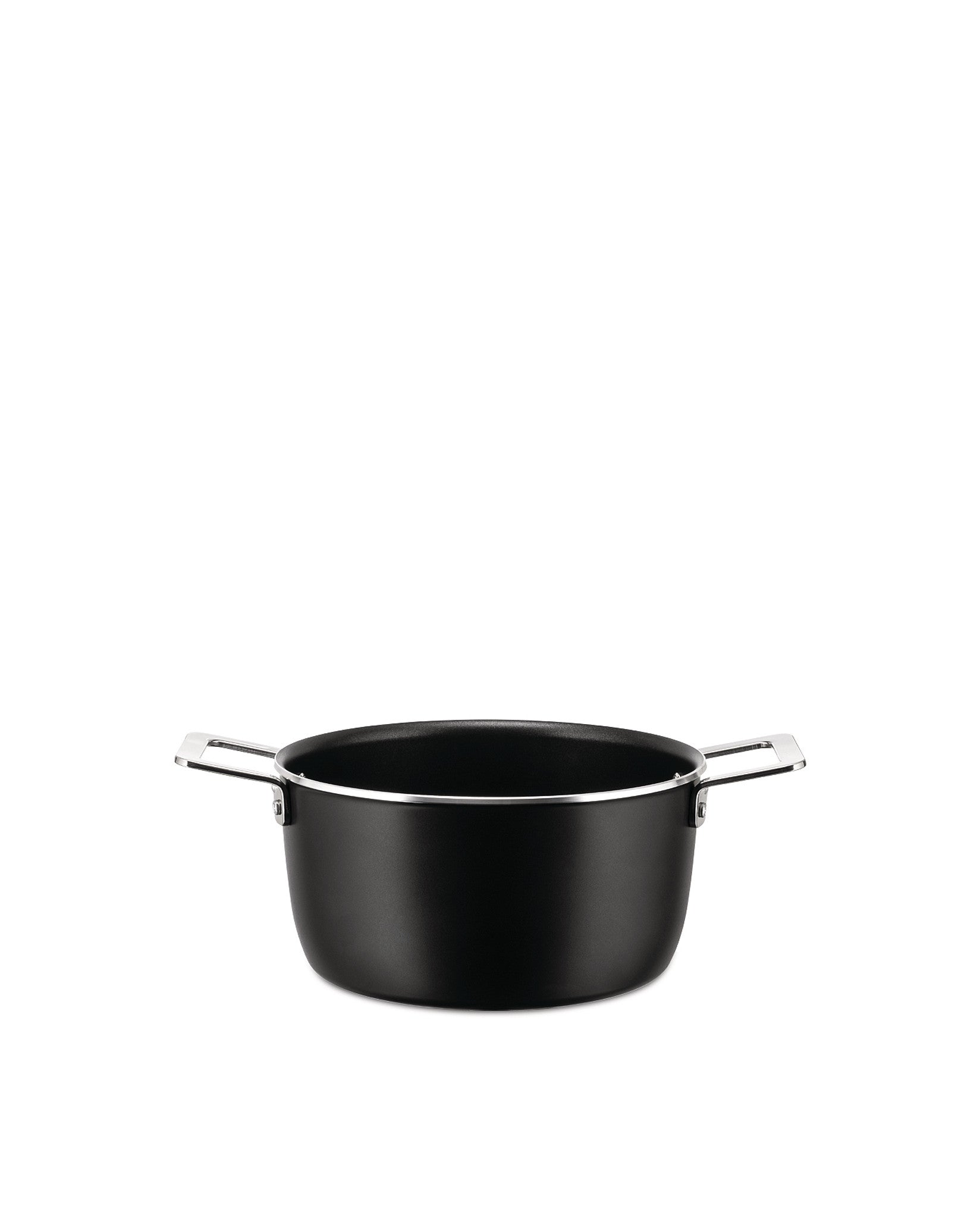 Black casserole with a silver rim by Alessi, featuring two silver loop handles on a white background.