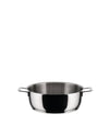 Stainless steel pan by Alessi with a polished finish and two small loop handles.