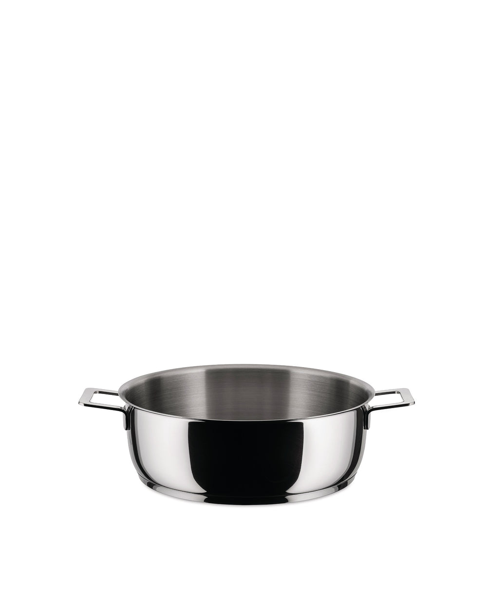Stainless steel pan by Alessi with a polished finish and two small loop handles.