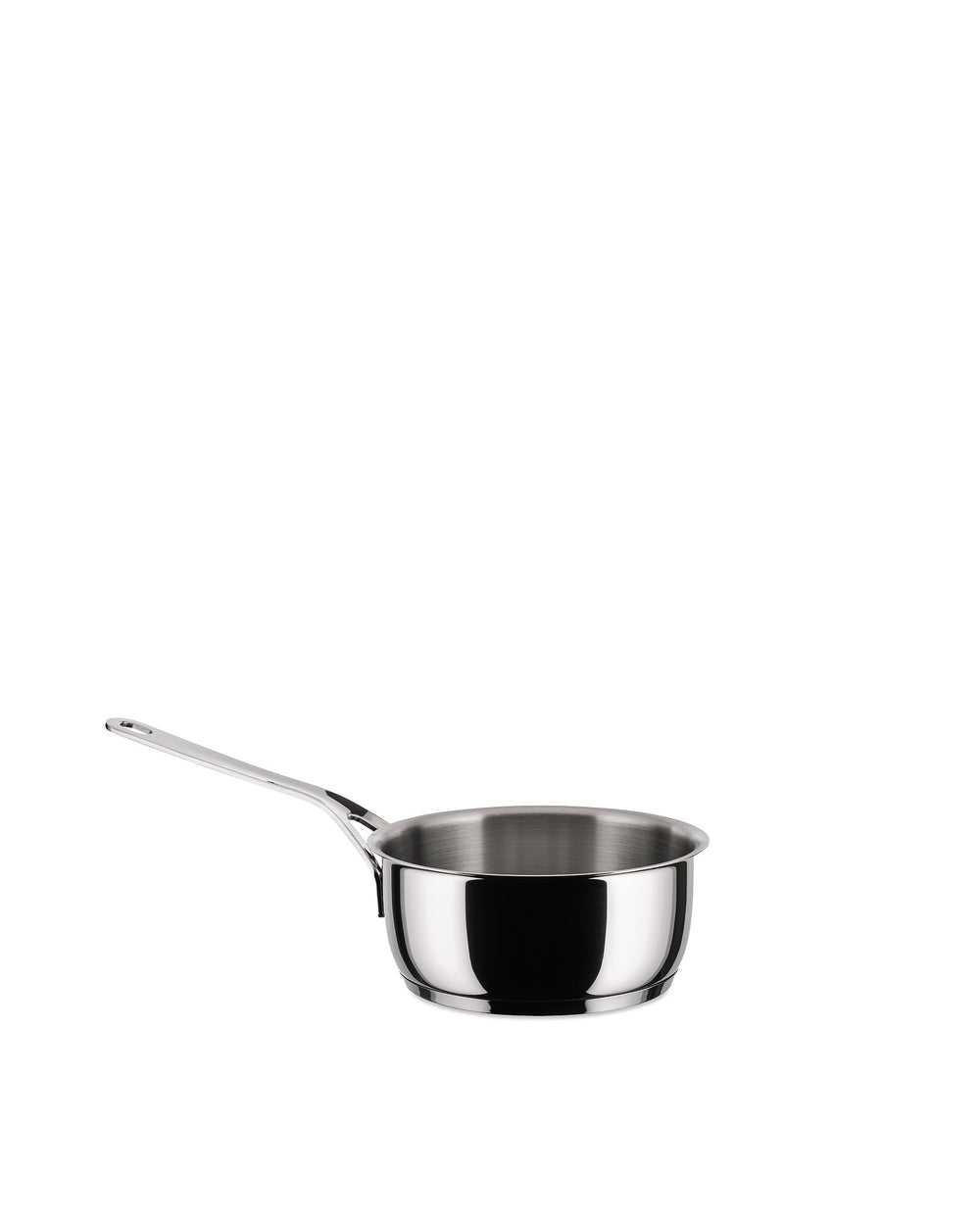 Stainless steel saucepan by Alessi with a polished finish and long handle, shown in a side view.