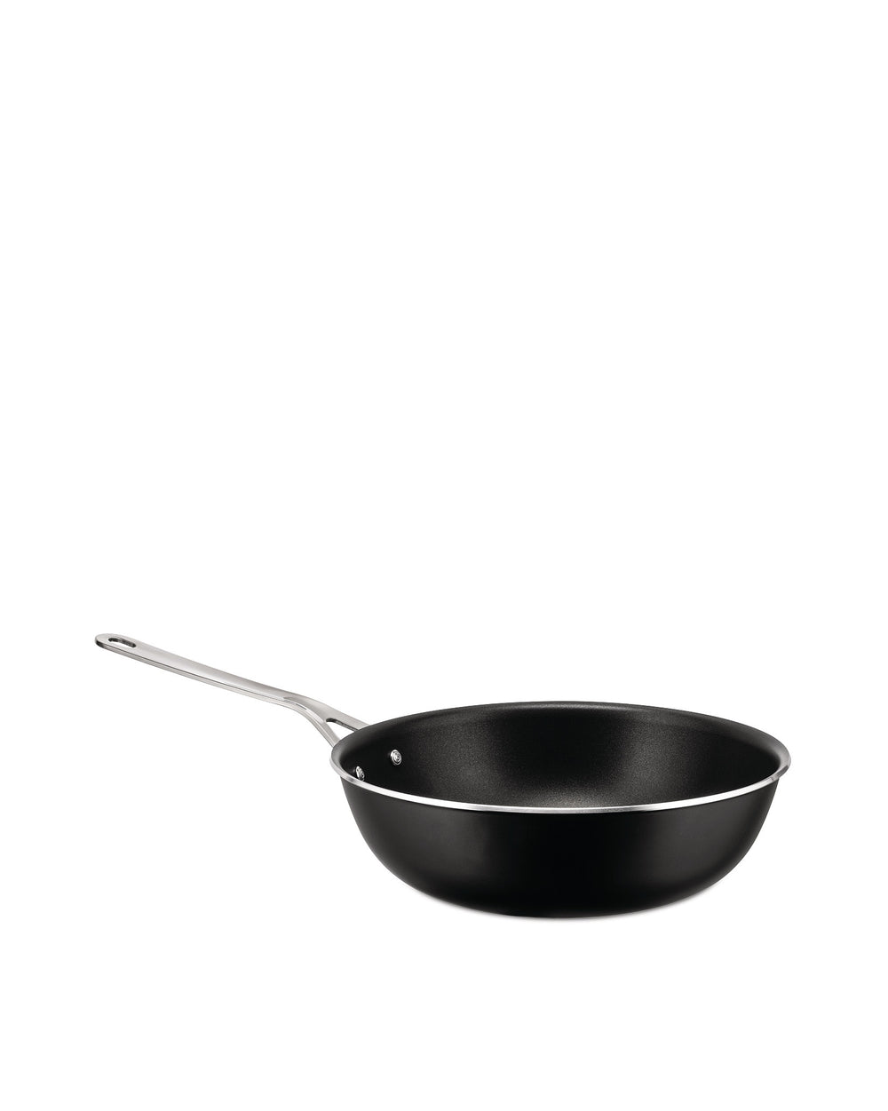 A black deep non-stick pan by Alessi, with a long silver metallic handle.
