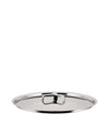 Polished stainless steel pot lid by Alessi, with a sleek rectangular handle, presented flat.