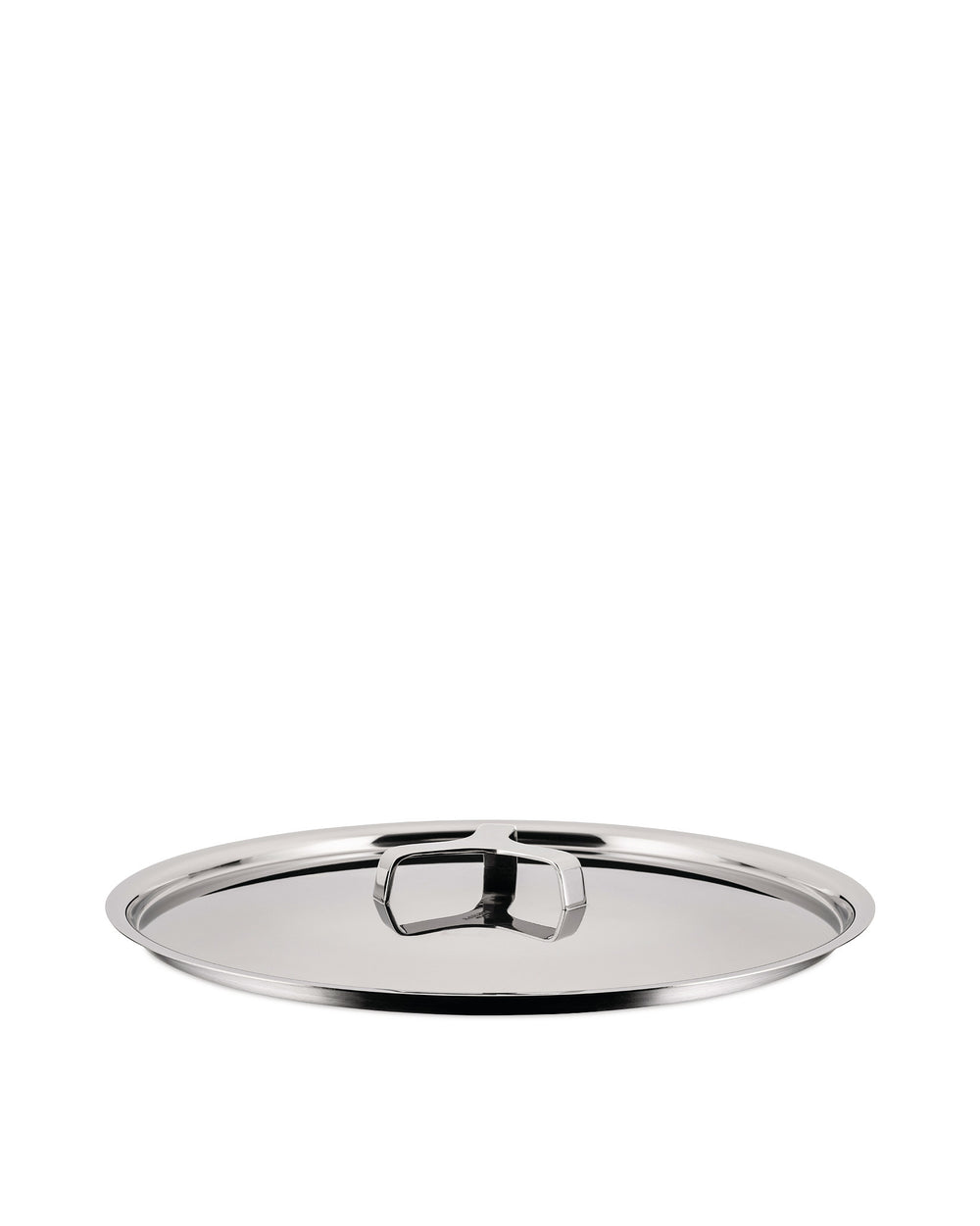Polished stainless steel pot lid by Alessi, with a sleek rectangular handle, presented flat.