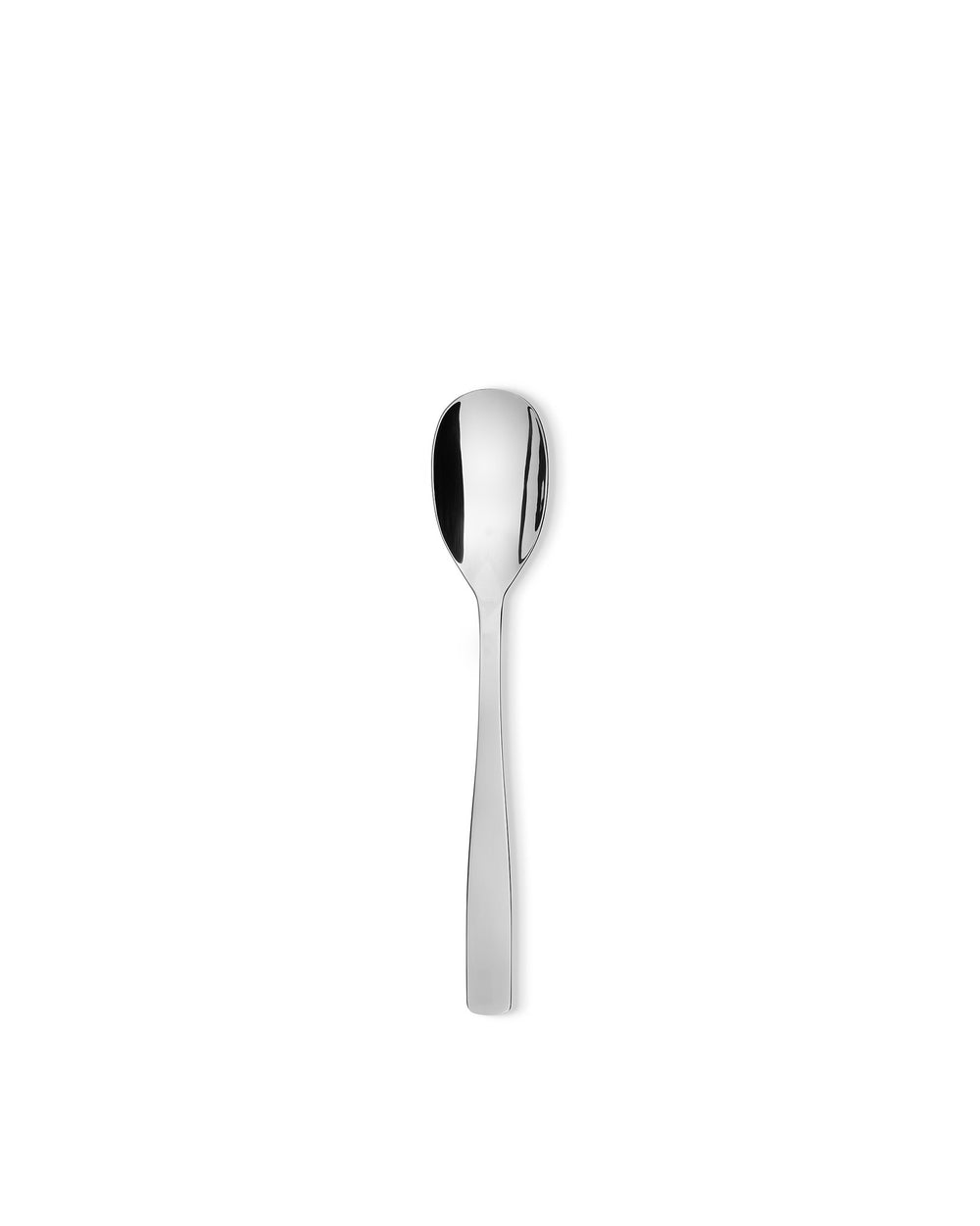Silver metallic spoon by Alessi with a sleek, polished design, positioned vertically.
