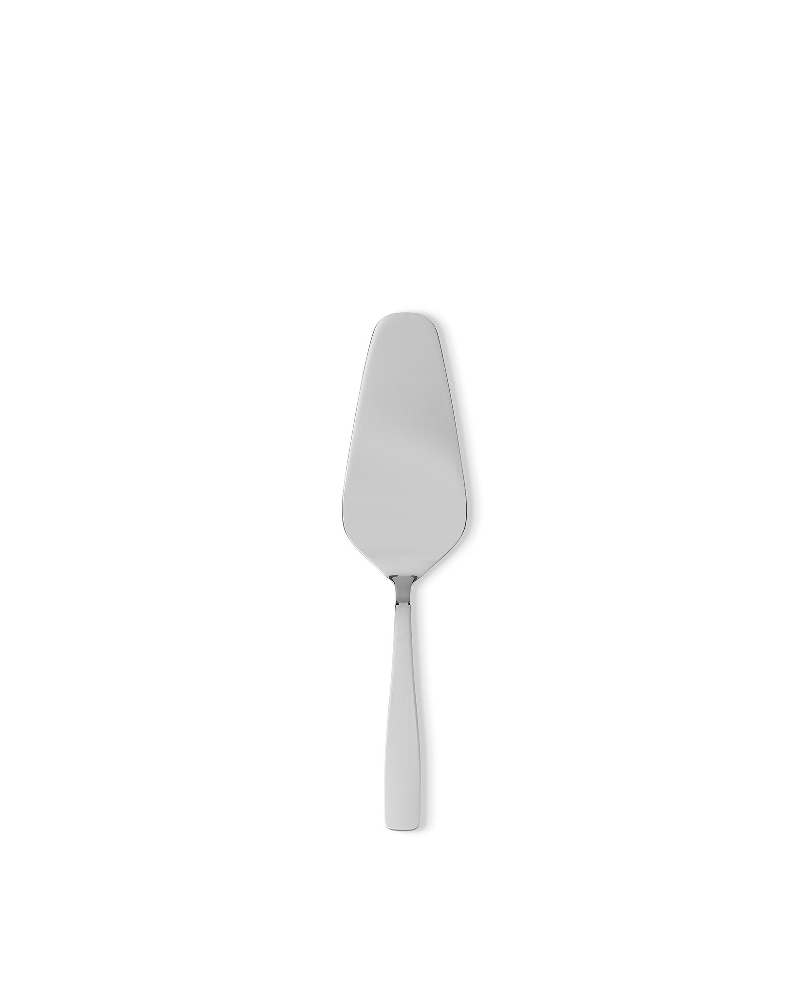 Silver metal cake server by Alessi with a polished finish and tapered blade, shown upright.