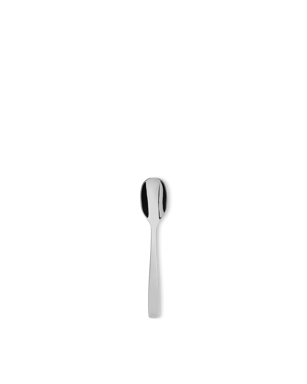 Polished stainless steel spoon by Alessi, vertically oriented with a simple, elegant design.