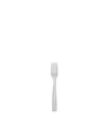 Polished stainless steel fork by Alessi with a minimalist design, standing upright.