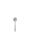Polished silver metal spoon by Alessi with a minimalist design, standing upright on a white background.