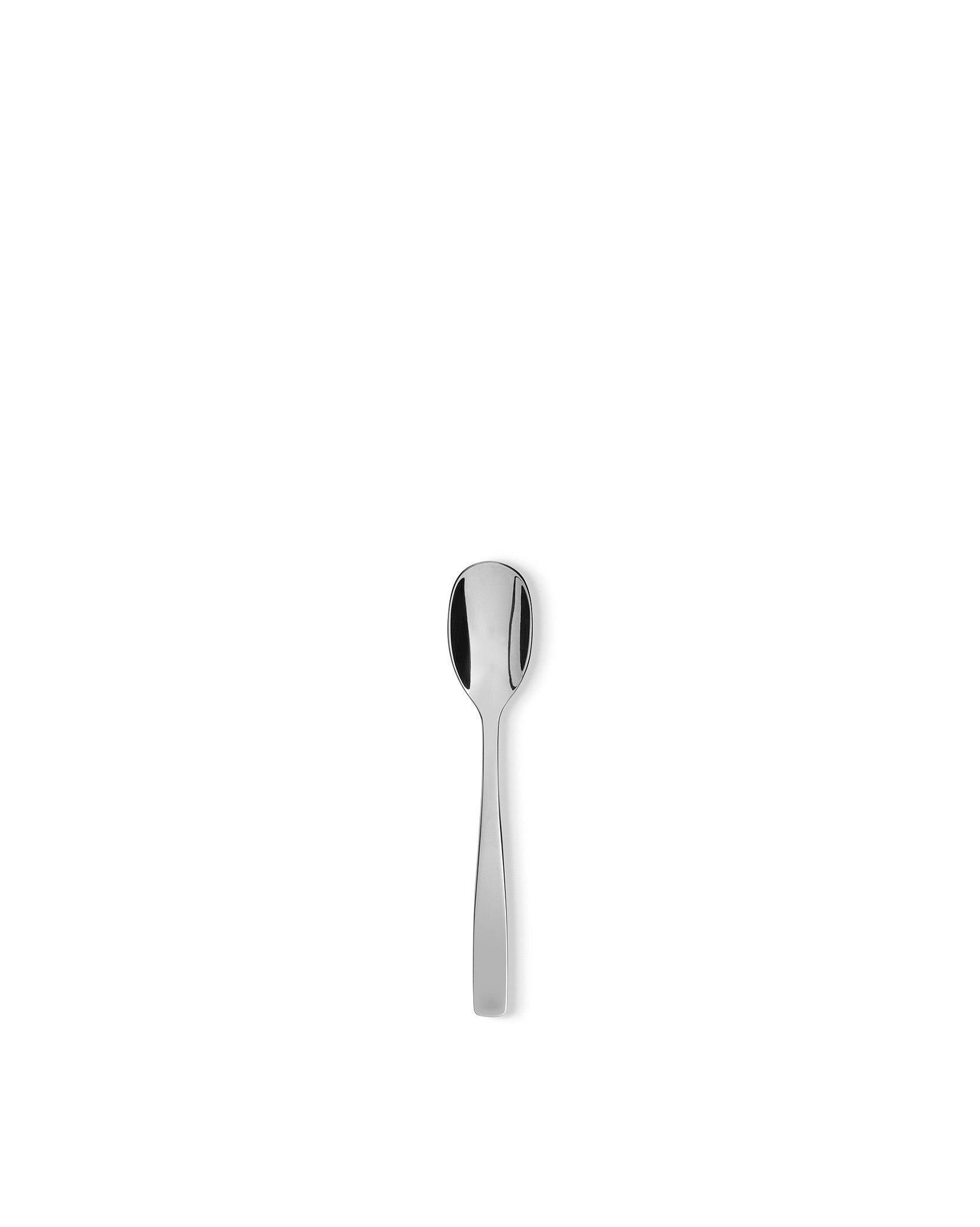 Polished silver metal spoon by Alessi with a minimalist design, standing upright on a white background.