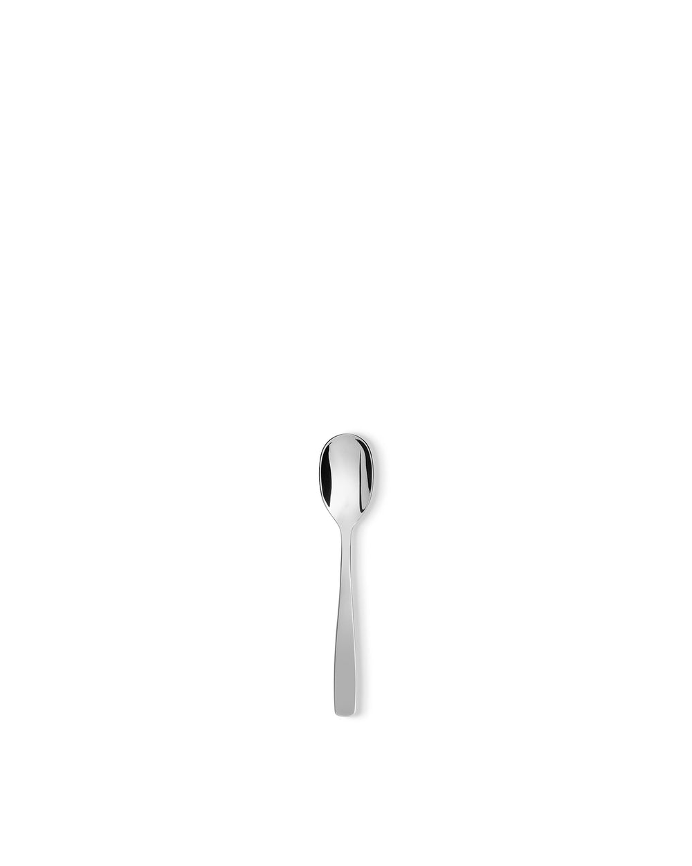 Polished stainless steel spoon by Alessi with a sleek design, centered on a white background.