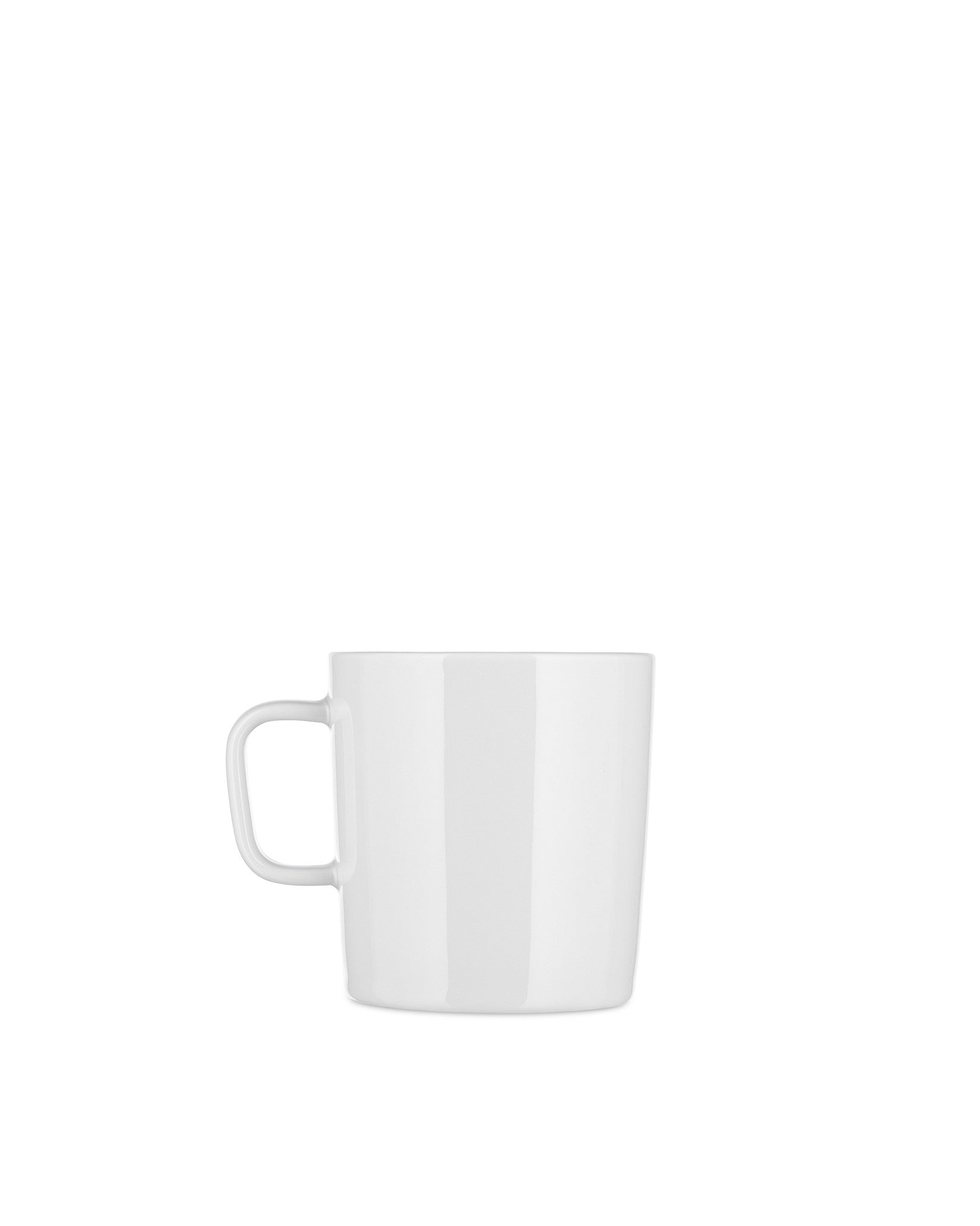 White mug by Alessi, with a smooth, glossy finish and simple handle.