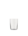 Clear cylindrical drinking glass by Alessi, with a simple design and rounded base.