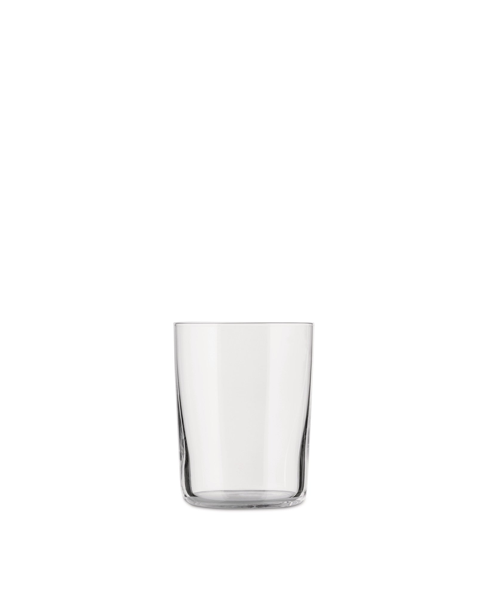 Clear cylindrical drinking glass by Alessi, with a simple design and rounded base.