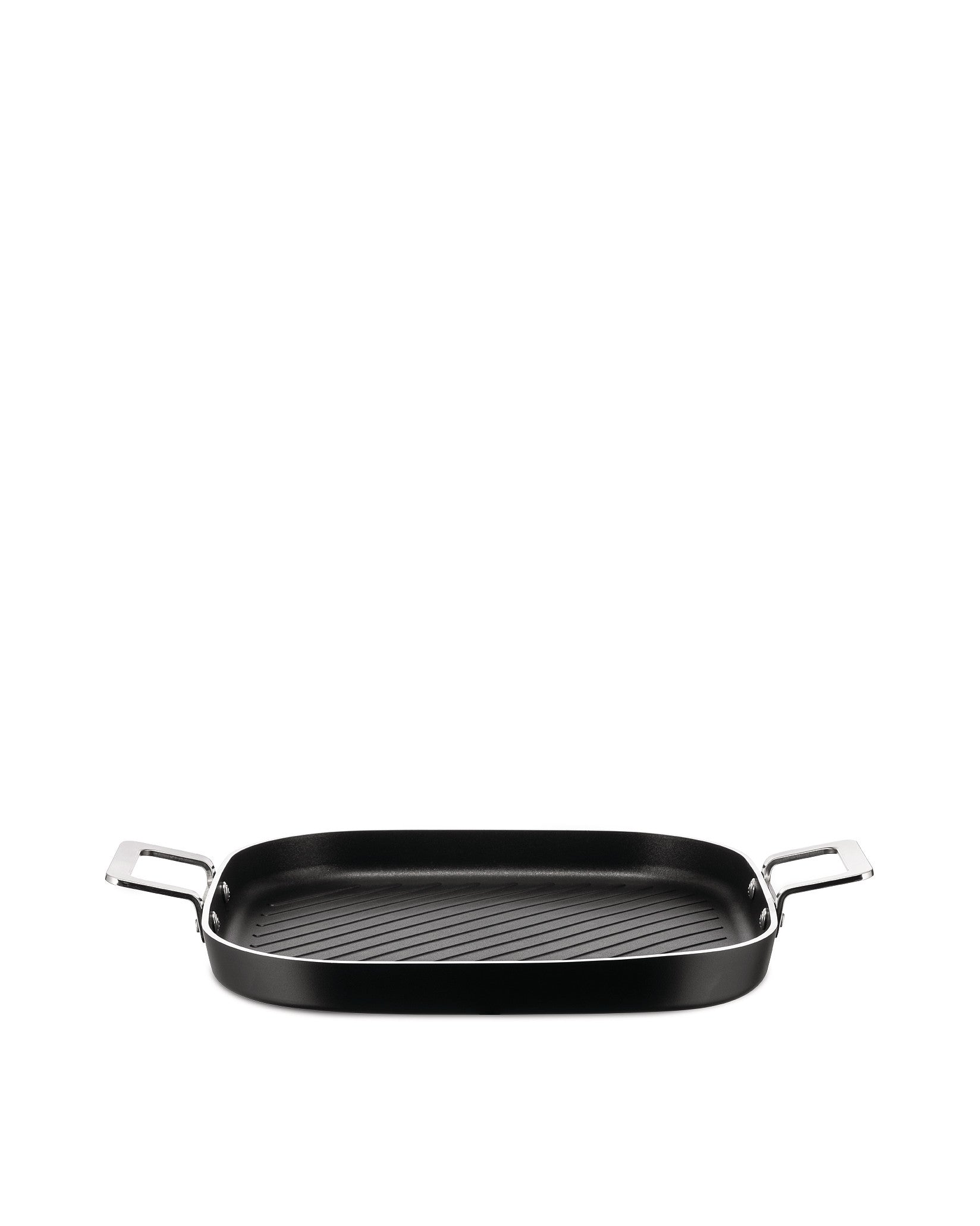 Black rectangular grill pan by Alessi with a ridged cooking surface and two shiny silver-toned handles.