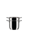 Two-tiered stainless steel steamer pot by Alessi, with short side handles, on a white background.