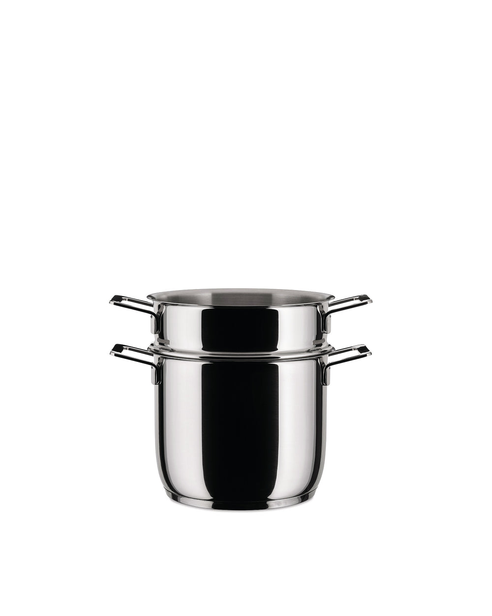 Two-tiered stainless steel steamer pot by Alessi, with short side handles, on a white background.