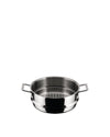 Stainless steel steamer pot by Alessi with a perforated bottom and two loop handles, front-facing.