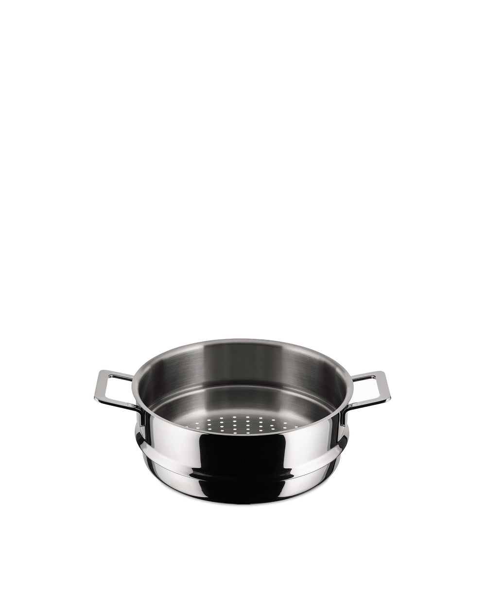 Stainless steel steamer pot by Alessi with a perforated bottom and two loop handles, front-facing.